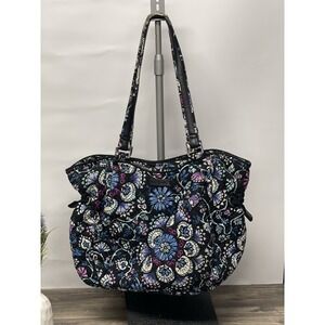 Vera Bradley Glenna Satchel Tote Bramble Floral Quilted Cotton Black Purple Blue